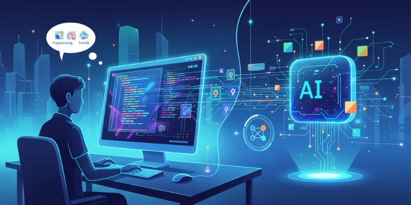 開発者がコードを書いている様子と、AIがコードを提案する様子をイラストで表現。全体的に明るく、未来的なイメージ。