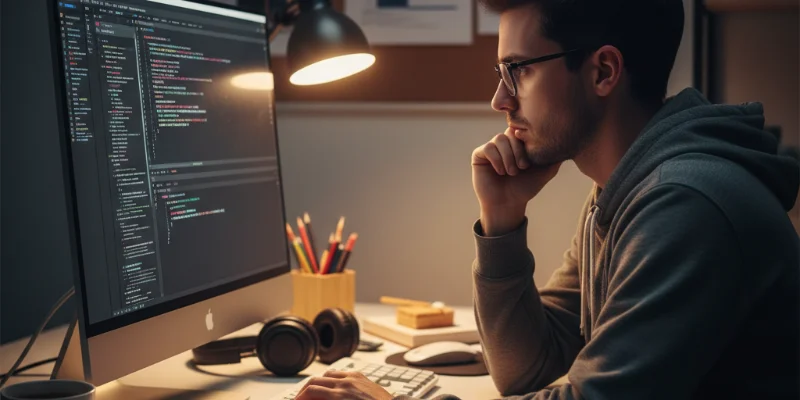 開発者がXcodeの画面を見つめ、真剣な表情で作業をしている様子。周囲にはコードが書かれた紙やコーヒーカップなど、開発環境を表す小物が配置されている。