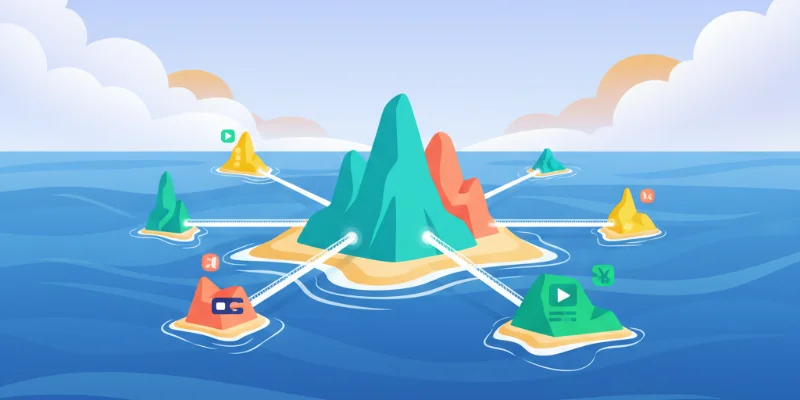 海の中に浮かぶ島々をイメージしたイラスト。島がJavaScriptのコンポーネント、海が静的なHTMLを表す。