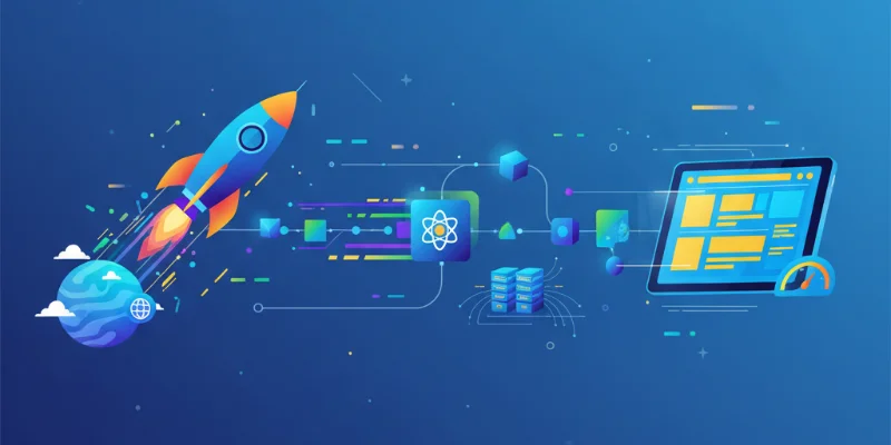 高速なウェブサイトを象徴するイラスト。例えば、ロケットが飛び立つ様子や、データがスムーズに流れる様子など。