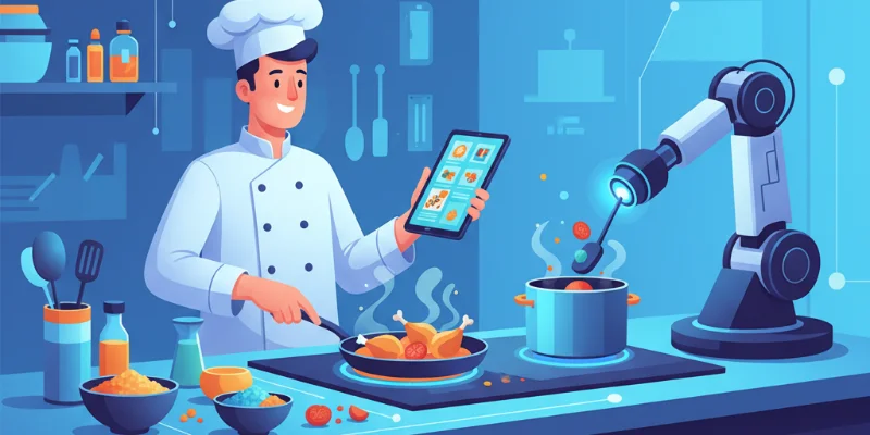 料理人が笑顔で、タブレット端末に表示されたレシピを見ながら、鶏肉とトマトを使った料理を作っている様子が描かれている。