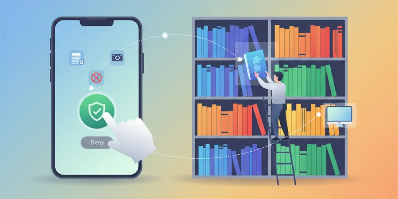 スマートフォンアプリの許可画面と、図書館の棚から本を探す様子を描いたイラスト。