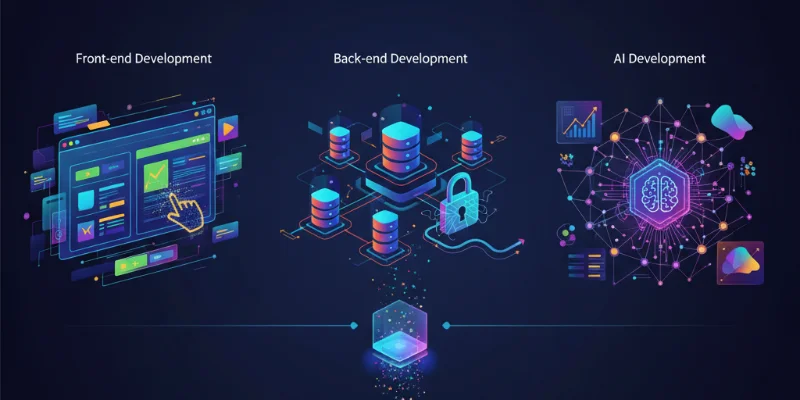 フロントエンド、バックエンド、AI開発それぞれの作業を表す象徴的なイラスト。それぞれのイラストが調和して、統合的な開発環境を示唆する。
