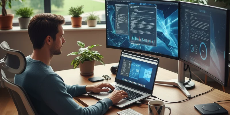 開発者が集中して作業している様子を写した写真。周囲の環境も写し込み、作業環境の快適さを示唆する。