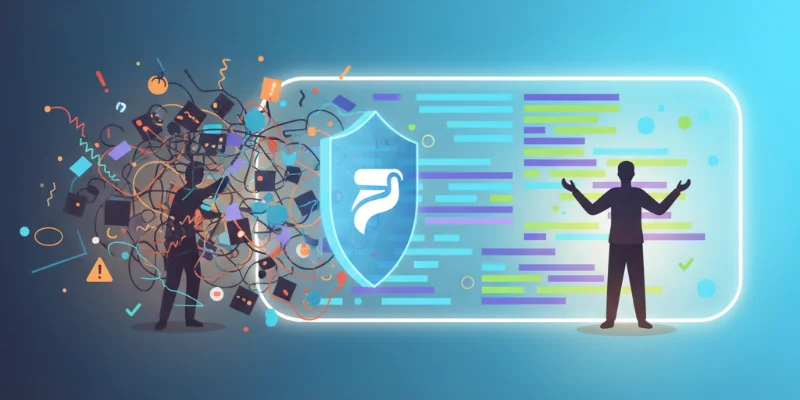 コードが整理され、警告が減ってクリアになった様子をイラストで表現。明るい雰囲気で、安心感を醸成する。