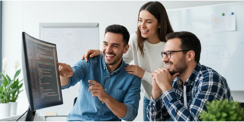 笑顔でモニターを見つめ、活発に議論している開発チームの画像。明るい雰囲気で協力的な様子を強調。