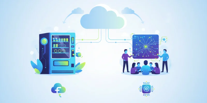 自動販売機と専門家集団のイラストを並べて、それぞれがAWS LambdaとAmazon Bedrockに対応することを示す。