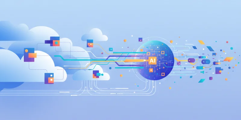 クラウド上のサーバーレス関数と、そこから生成AIモデルにアクセスする様子を表すイラスト。抽象的な表現で、具体的なサービス名は含めない。