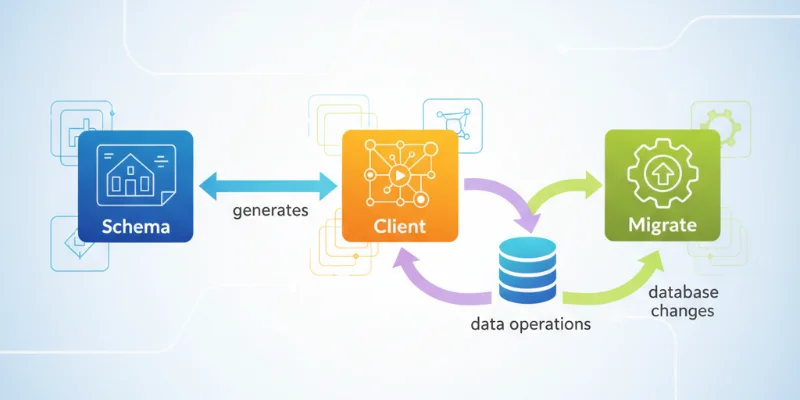 Prisma Schema、Prisma Client、Prisma Migrateの3つの要素とその関係性を分かりやすく図解したイラスト。矢印などでデータの流れを示す。