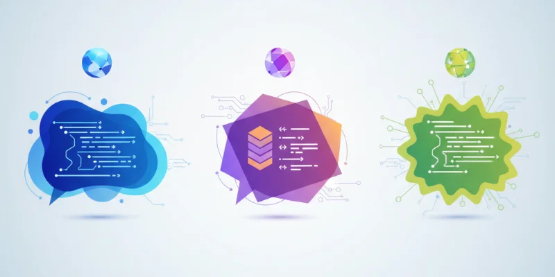 3つのAIが生成したコードを、それぞれ異なるデザインの吹き出しで表現したイラスト。コードの可読性や構造の違いを視覚的に示す。