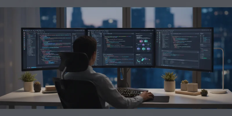 開発者が複数のモニターでコーディングをしている様子の写真。AIアシスタントの画面も一部映っている。