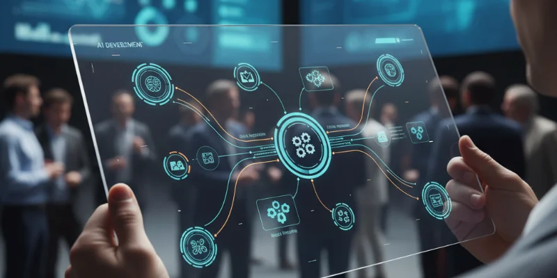 AI WeaverのGUI画面を示す写真。直感的に操作できる様子がわかるように、複数のノードとエッジが接続されている様子を写す。