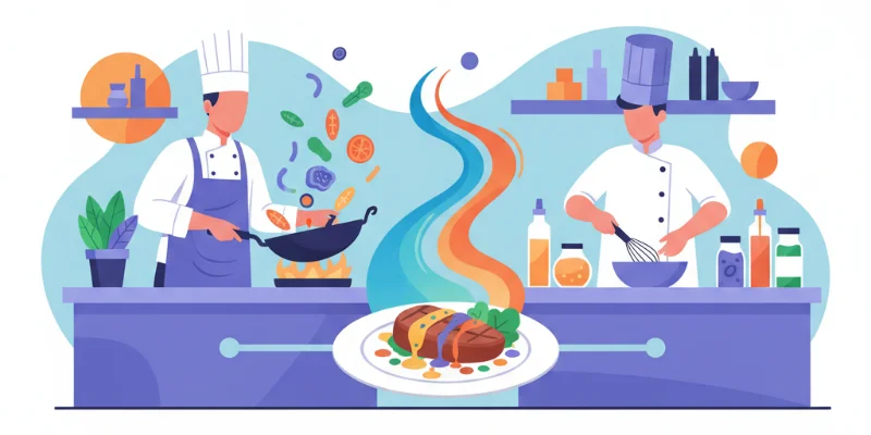 シェフが料理をし、専門のソース職人がソースを作っているイラスト。連携して料理が完成する様子が描かれている。