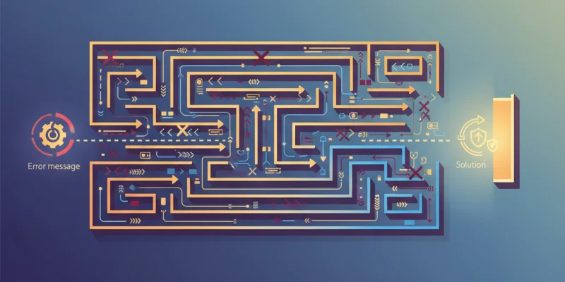 迷路のようなイラストで、エラーメッセージを手がかりにゴール（解決策）を目指す様子を表している。