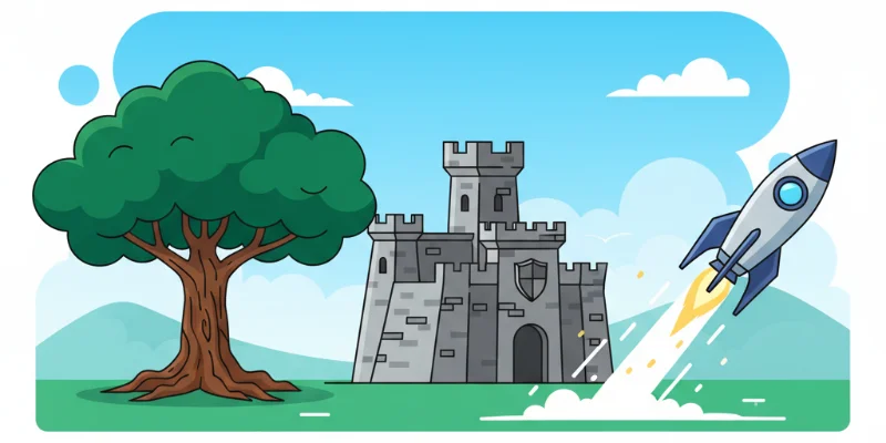 Node.jsを安定した大きな木、Denoを堅牢な城、Bunを高速なロケットで表現したイラスト。