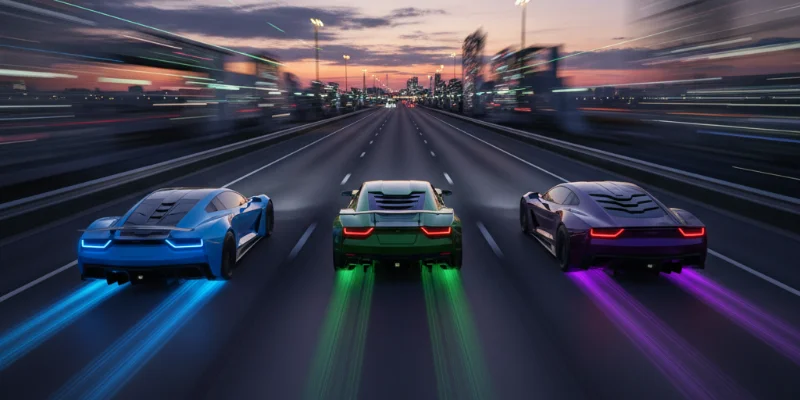 高速道路を猛スピードで走る車の画像。スピード感と力強さを強調。