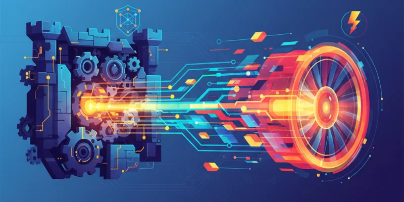 複雑なシステムを安全に、かつ高速に処理する様子を抽象的に表現したイラスト。堅牢な構造と高速な処理速度が視覚的に表現されている。