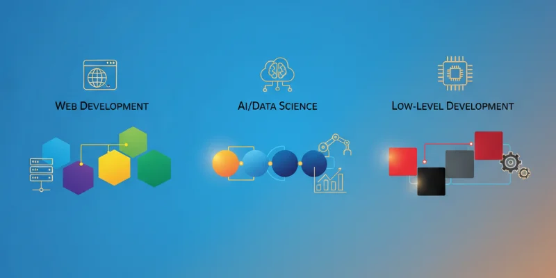 Web開発、AI/データサイエンス、低レイヤー開発のそれぞれに最適な言語と学習順序を、視覚的に分かりやすく表現したイラスト。
