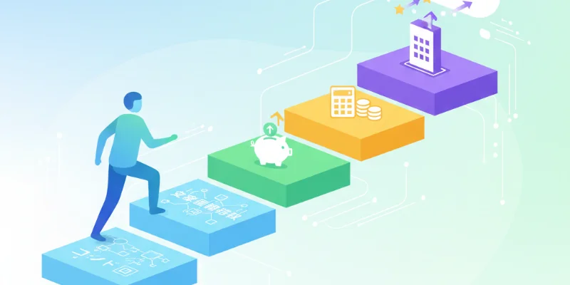 階段を登っていく人物のイラスト。階段の各段には「高度な節税」「消費税」「法人化」といったキーワードが記されている。