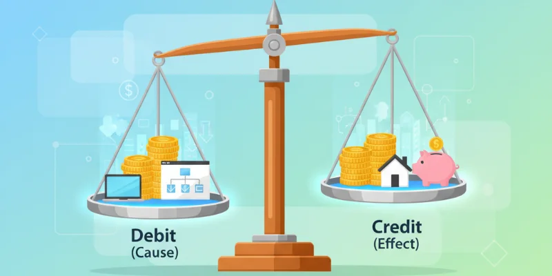 天秤が中央でバランスを取っているイラスト。片方の皿に「借方（原因）」、もう片方の皿に「貸方（結果）」と記されている。それぞれの皿には、お金やモノを表すイラストが配置され、金額が一致している様子が表現されている。