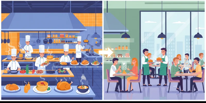 レストランの厨房で料理が作られ、完成した料理が客席に運ばれる様子が描かれている。厨房がServer Component、客席がClient Componentに相当する。