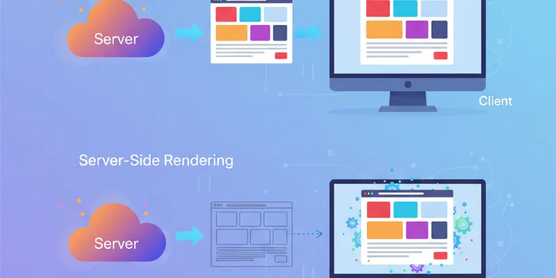 サーバーとクライアント間のデータの流れを比喩的に表現したイラスト。サーバーサイドレンダリングではサーバーで処理されたデータがクライアントに送信され、クライアントサイドレンダリングではクライアント側で処理される様子が描かれている。