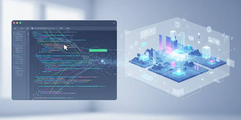 Xcodeの画面と、それと同期して変化する3D空間のプレビューが同時に表示されているイラスト。コードを編集する様子と、それに伴いリアルタイムで更新される3D空間の様子が分かるようにする。