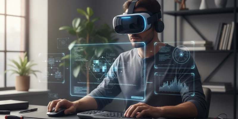 Vision Proをかぶって開発作業をしている人物の画像。手元にはキーボードとマウス、そしてVision Proが表示されているモニターが見える。集中して作業をしている様子が伝わるようにする。