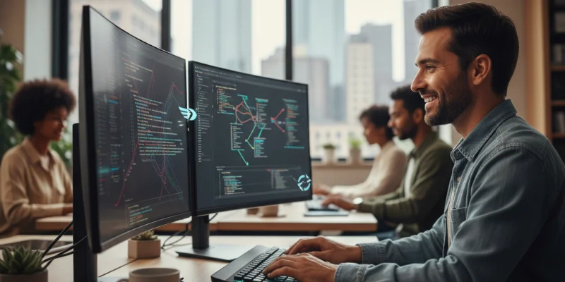 開発者が快適にコーディングをしている様子の写真。集中して作業している様子や、笑顔で作業している様子などを写す。