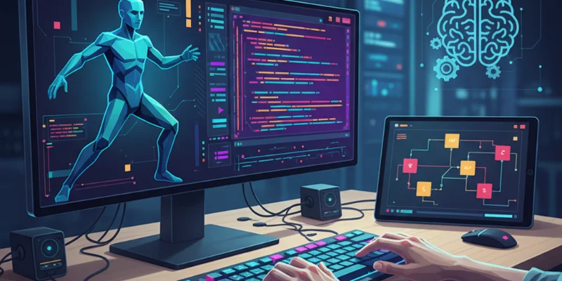 ゲーム開発の作業風景をイメージしたイラスト。キャラクターモデルとコードが表示されている画面、そしてキーボードを叩く手などが描かれている。