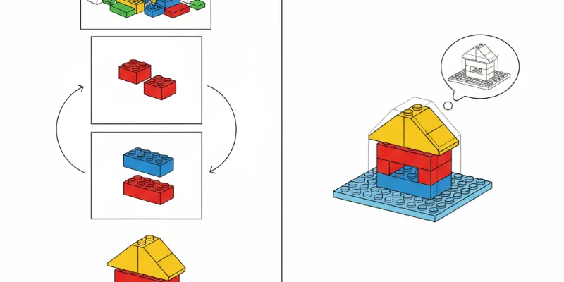 レゴブロックを使って、命令的UI（手順を示す図）と宣言的UI（完成図を示す図）を対比して示したイラスト。
