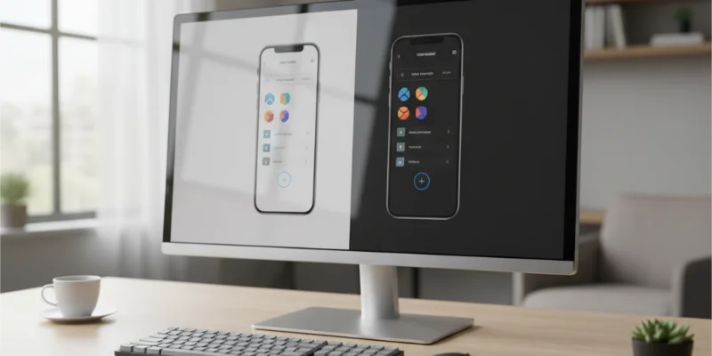 開発環境として使用されるパソコンの画面と、AndroidエミュレータとiOSシミュレータが同時に表示されている様子。キーボードとマウスも写っている。