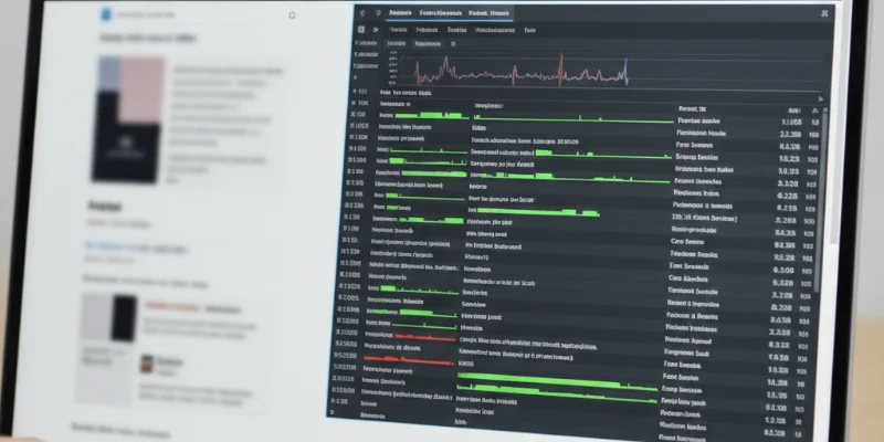パソコンの画面の一部を写した写真。開発者ツールが開かれており、ネットワークタブが強調されている様子。