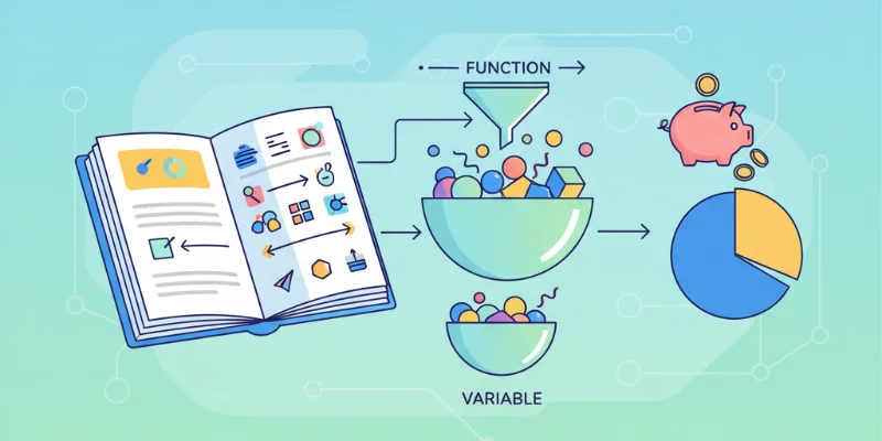 料理のレシピとボウルを使って、変数と関数の概念を分かりやすく説明するイラスト。