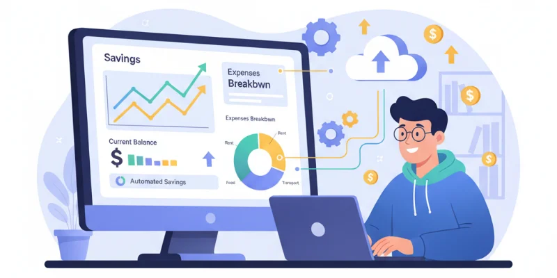 家計簿アプリが自動で更新され、グラフが表示されている様子。笑顔の人物がパソコンを見ているイラスト。