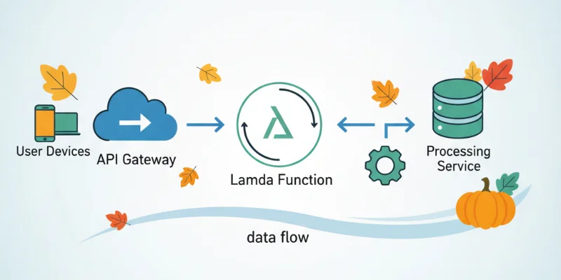 Lambda関数とAPI Gatewayが連携して動作する様子を、矢印などで分かりやすく示したイラスト。データの流れを視覚的に表現する。