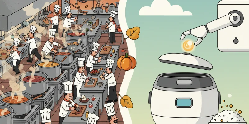 レストランの厨房と家庭の炊飯器を対比させたイラスト。一つは複雑で多くの作業員がいる様子、もう一つはシンプルで自動化された様子を描写する。