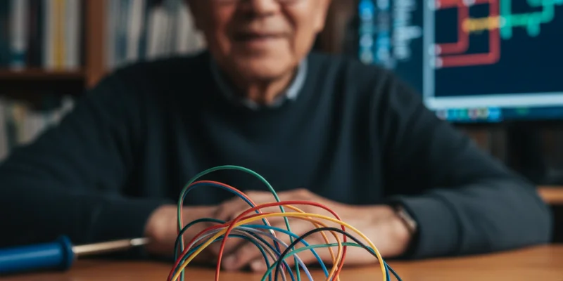 Raspberry Piと接続されたLEDが点灯している様子の写真。