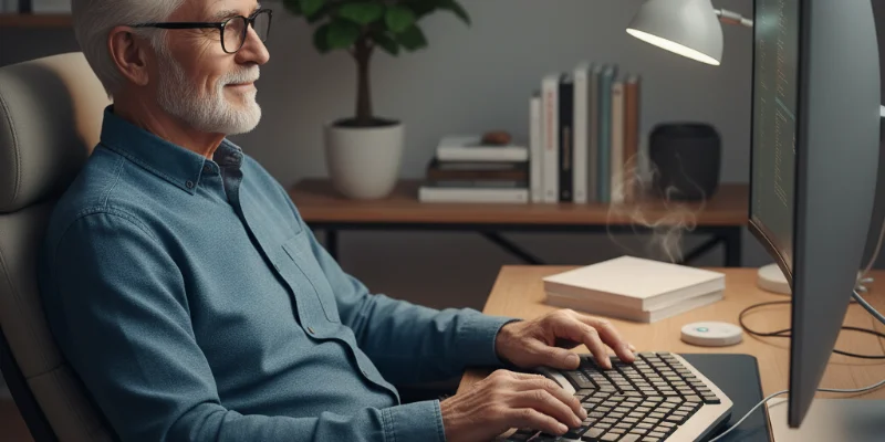 快適な姿勢でキーボードを使用している人物の写真。リラックスした表情で作業している様子が伝わるようにする。