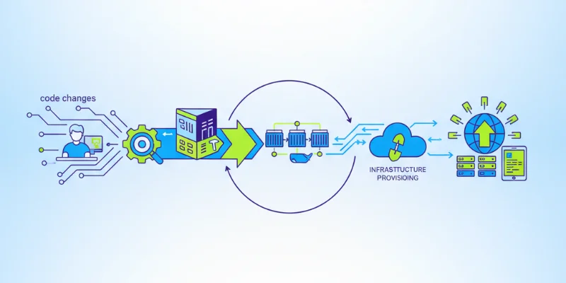 コードの変更からテスト、ビルド、デプロイまでの一連の自動化プロセスを示すイラスト